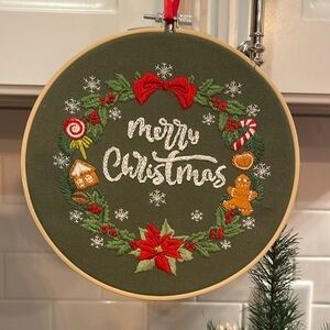 Christmas Wreath Embroidery in Hoop on Green Khaki Cotton -Eight Inches round